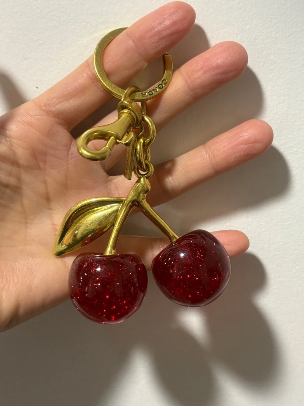 COACH Gold Cherry Keychain with Glitter Red Cherries - Picture 10 of 10